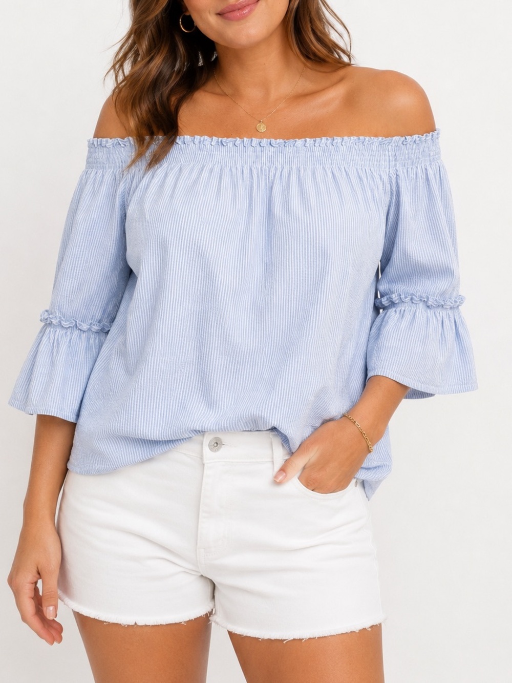 Banana Republic Blue White Seersucker Off Shoulder Top L Ruffle Sleeve
